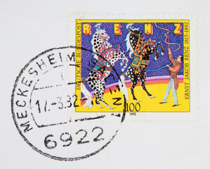 briefmarke stamp vintage retro used gebraucht gestempelt cancel papier paper zirkus circus Meckesheim pferd horse Ernst Jakob Renz dompteur ringmaster 100 manege