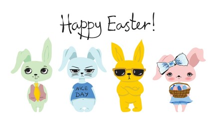 Obraz na płótnie Canvas Happy Easter greeting card with cute rabbit. Vector illustration