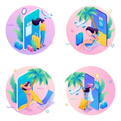 Modern isometric. Set of 3D illustration for website. Vacation at the sea. The girl plans her vacation online, booking hotels and air tickets