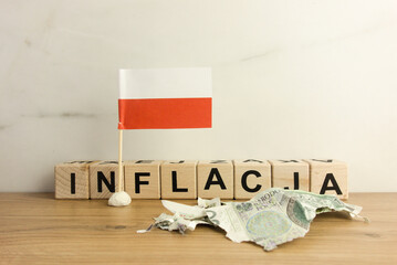Text inflation in Polish with flag of Poland and destroyed hundred Zloty banknotes