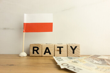 Word raty which means installment in Polish with flag of Poland and PLN banknotes