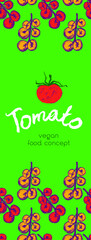 Cooking courses vector vertical banner template. Tomatoes drawing for label tomato paste, tomato juice. Hand-drawn illustration. Organic vegetable background. Tomato banner. Vegan restaurant concept.