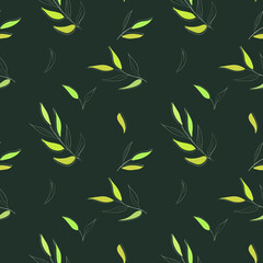 Seamless vector pattern with outline hand drawn leaves and branches. Вelicate background with plants