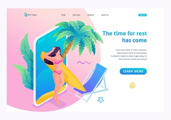 Modern isometry. 3D illustration of a young woman on vacation, broadcasts the rest in social networks. Search for air tickets and book hotels. Landing Page Concept