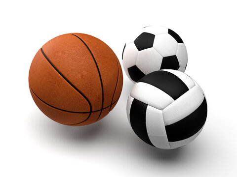 3d render  on a white background,sport health  basketball hoops football volleyball balls