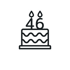 Birthday cake line icon with candle number 46 (forty-six). Vector.
