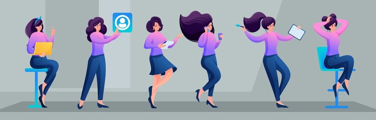 Young girl in various poses and actions, communication, work, training. 2D flat character vector illustration N1.