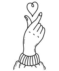 Love gesture. hand shows gesture of love and heart. Vector illustration. Linear hand drawings in doodle style for design, decoration