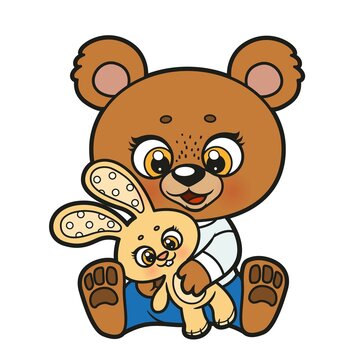 Cute cartoon teddy bear in pajamas  holding toy rabbit color variation for coloring page on a white background