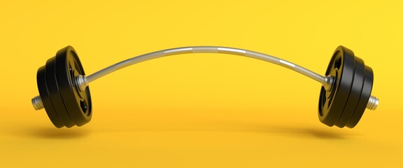 Metal barbell bent to both sides because of very heavy weights added on it on a yellow background. Physical training. Gym routine. Body and health. 3d rendering 3d illustration