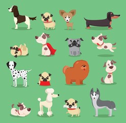 Obraz premium Cute dogs collection. Vector illustration of cartoon different breeds dogs, such as alaskan malamute, corgi, samoyed, border collie, doberman pinscher and pug in flat style. Isolated on white.