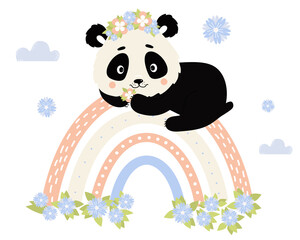 Cute panda character in flower wreath lies on rainbow on white background with clouds. Vector illustration. Cute animal in scandinavian style for nursery and posters, kids collection, design and decor