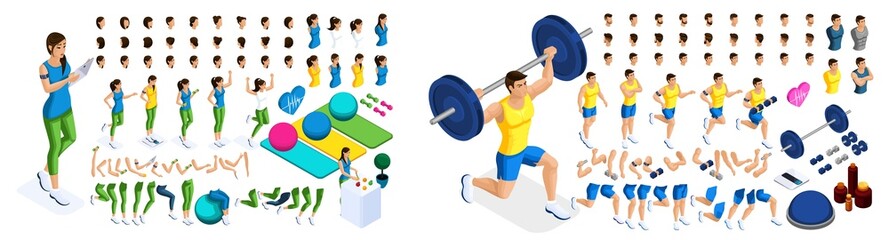 Isometric create your athlete girls and guys, a large set of emotions, gestures of hands, foot movements, a healthy lifestyle. Create your characters. Set 7