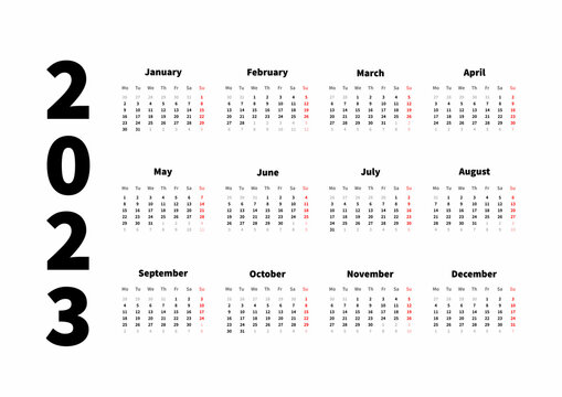 2023 year simple horizontal calendar in english, typographic calendar isolated on white