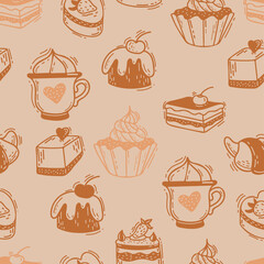 Seamless pattern with sweets. Pastries and cakes, sweets and desserts with strawberries and cherries on light beige background. Vector illustration. Linear hand drawn doodles for design and decor