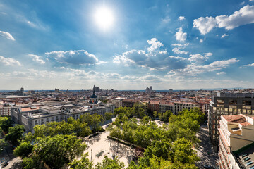 Skyline of the historic center of the city of Madrid on a sunny day with some clouds