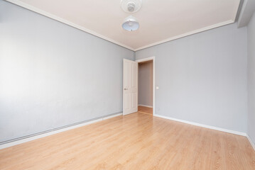 Fototapeta na wymiar Empty living room with hardwood floors, gray painted walls, plaster molding ceiling, and white woodwork