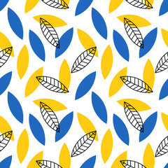 Blue and yellow leaves trendy seamless pattern.