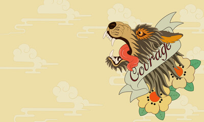 Fototapeta premium Howling wolf cartoon style tattoo design