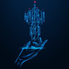 Antenna in hand. Telecommunication equipment. Portable broadcasting. Polygonal design of lines and dots. Blue background