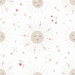 Smiling sun vector seamless pattern, digital repeating background for fabric, textile, wallpaper, scrapbook paper, stationery, surface design
