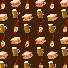 Seamless beer bottle and snack sandwich lunch pattern background food and drink concept vector template