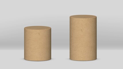 Realistic cardboard paper 3d cylinder stand isolated on grey. 