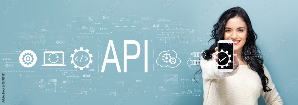 Poster api - application programming interface concept with young woman holding out a smartphone in her han