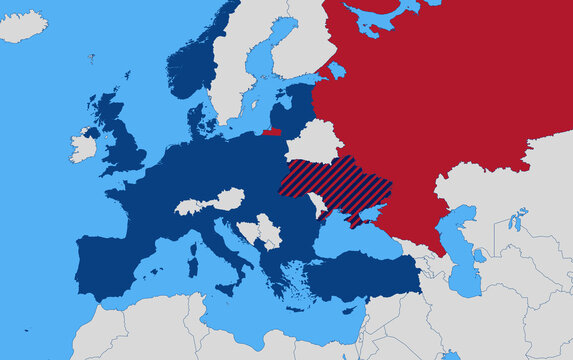 Geopolitical map representing the North Atlantic Alliance as well as Ukraine and part of Russia