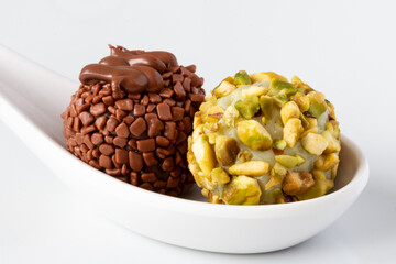 Traditional Brazilian Gourmet Brigadeiro Pistachio on white background