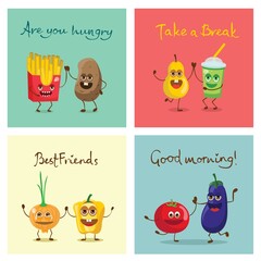 Cute funny food and drink characters set, best friends, funny fast food menu vector Illustrations. Flat vector illustration use for web page, card, poster, banner.