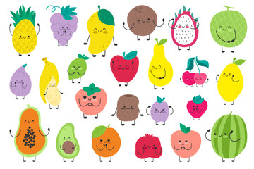 Set of cute funny characters fresh healthy fruits and berries isolated. Organic vegan farm. Healthy lifestyle.
