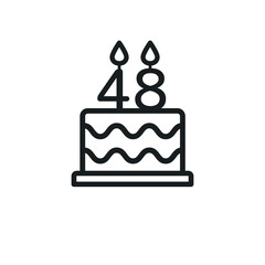 Birthday cake line icon with candle number 48 (forty-eight). Vector.