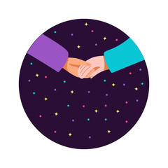 Two people hold hands against the background of a starry sky. Friendship, peace, love, partnership and cooperation. Please Peace, no war. Concept vector flat illustration.