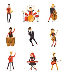 Colorful jazz festival musicians singers and musical instruments poster set flat isolated vector illustration