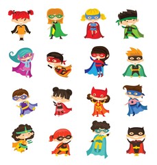 Vector illustrations in flat design of female and male kids superheroes in funny costume