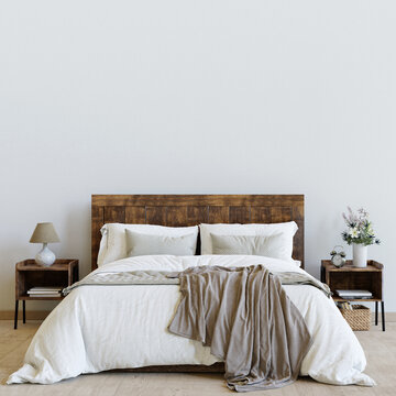 Rustic bedroom interior. Big wall mock up background. 3D render. 3D interior.