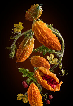 levitation of Momornica fruits with flowers, berries and leaves