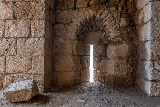 An Arrowslit in the wall of  the South Western Tower in Nimrod fortress , located in Northern Golan, at the southern slope of Mount Hermon, the biggest Crusader-era castle in Israel.		