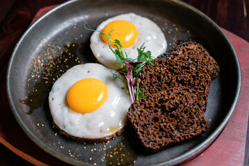 Fried eggs with bread in a pan.
