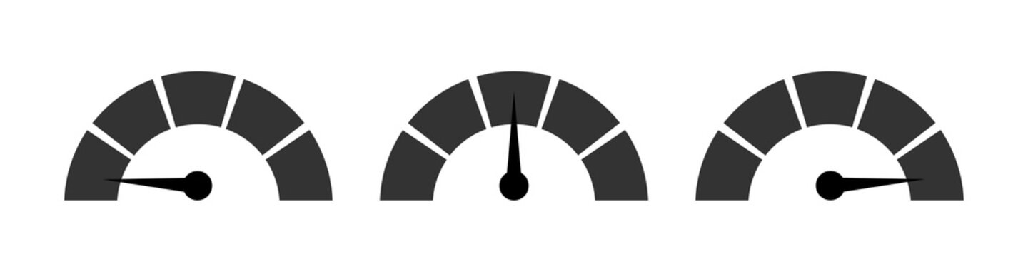 Set of speedometers. Car speed indicator black icons isolated on white background. Vector clipart.