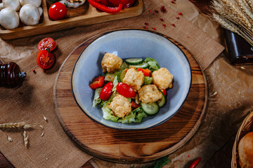 Breaded fried cheese with fresh vegetables. Top view.