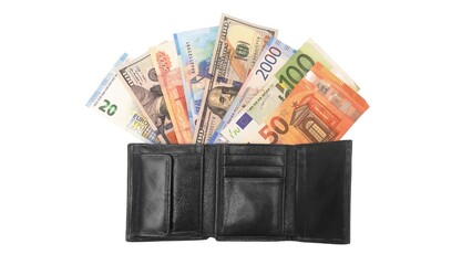 Top view of an open wallet with money. Close-up of a multi-currency wallet. Euro, dollar, ruble banknotes isolated on white background.Cash. The concept of financial literacy and savers