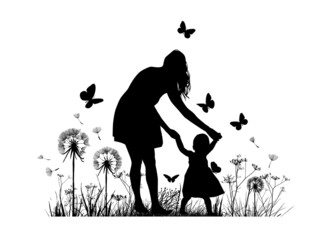 Silhouette of a mother with a child walking. Vector illustration