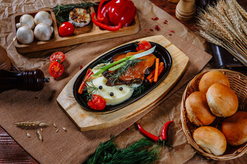 Mashed potatoes with meat. Top view