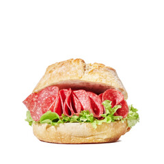 Fresh and tasty sandwich close up on white