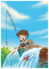 Illustration of a boy fishing in a waterfall
