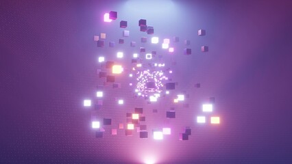 3d illustration with neon cubes flying in purple 4K UHD tunnel