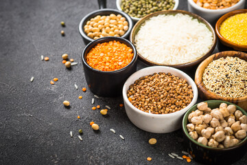 Gluten free food, cereals. Rice, buckwheat, corn, lentils, soy beans and quinoa at black. Allergen free.