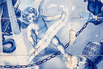 an angel showing a paper written in Latin to the pope - painted in blue azulejos at the monumental stairway to Our Lady of Remedies Sanctuary, Lamego, Viseu, Portugal - obrazy, fototapety, plakaty